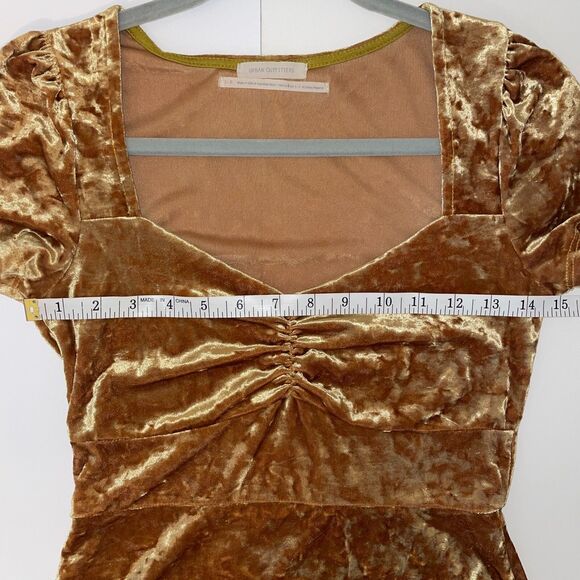 Urban Outfitters Maeve Crushed Velvet Mini Dress Yellow Sweetheart Short Slv S - Picture 8 of 13
